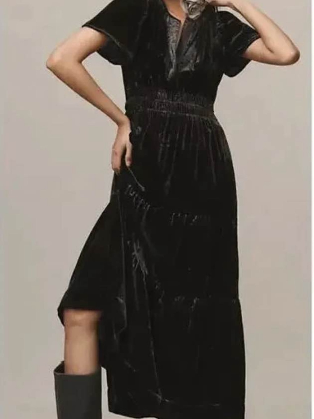 Anthropologie Black Velvet Maxi Dress with Smocked Waist